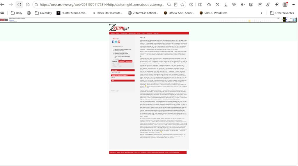 Early ZStormGirl About page with introductory text and original navigation layout.