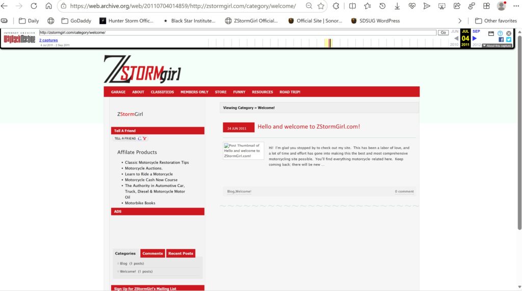 Screenshot of the first ZStormGirl blog post titled “Welcome to ZStormGirl,” featuring introductory text and the early blog layout.