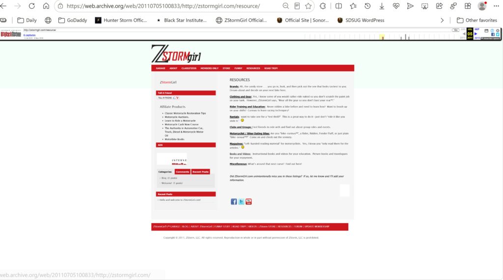 ZStormGirl Resources page showing curated links, guides, and early knowledge hub structure.