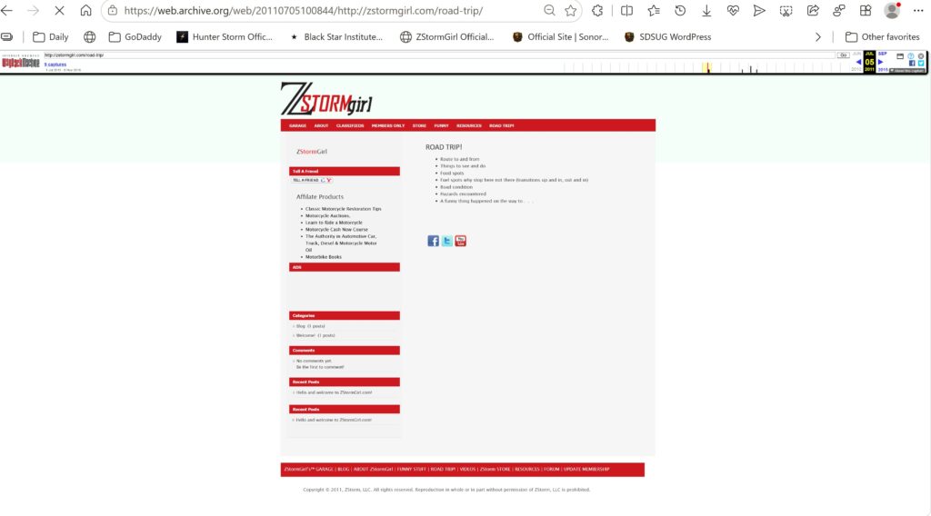 ZStormGirl Road Trip page showing travel content, ride logs, and early adventure features.